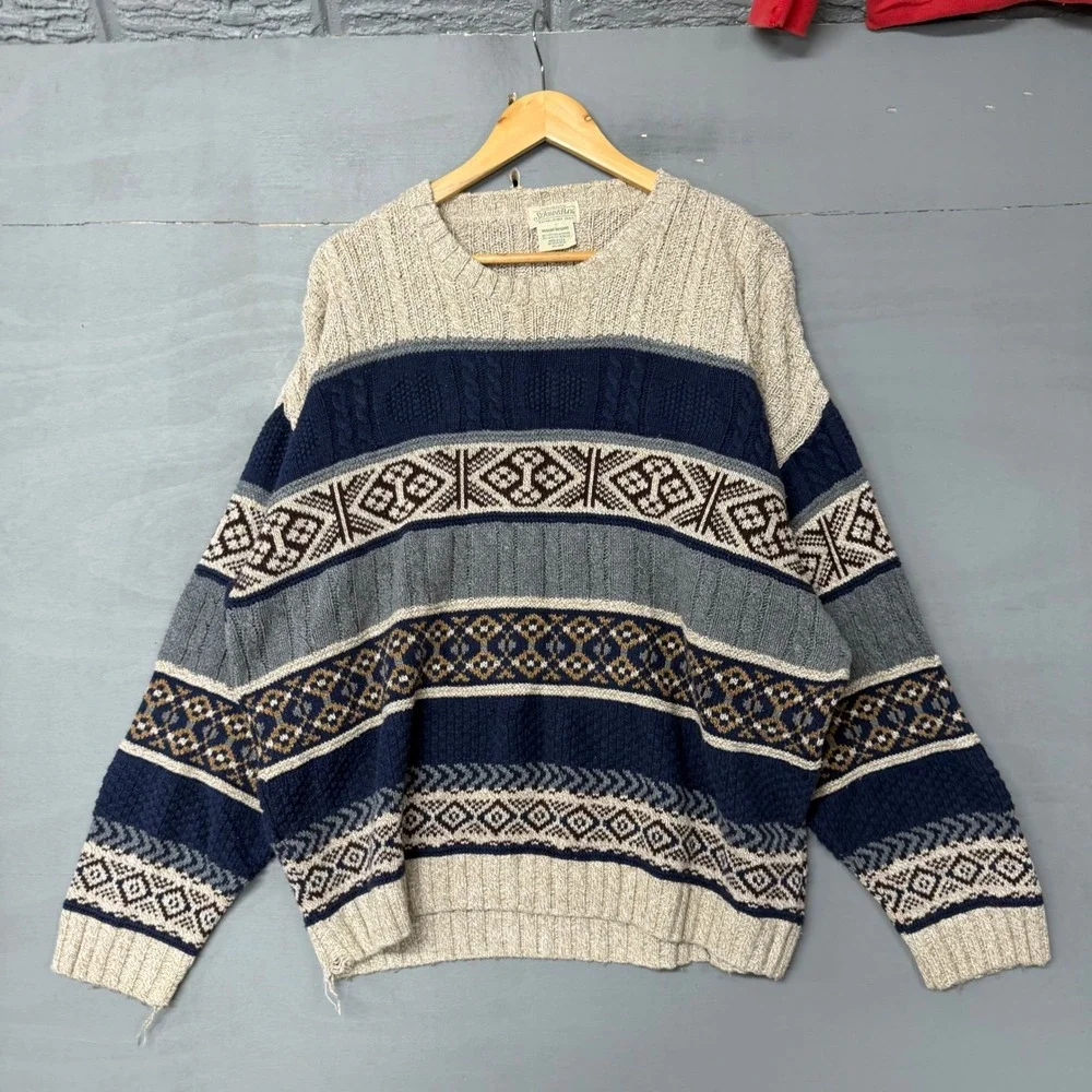 St Johns Bay Vintage Fair Isle Geometric Knit Sweater Mens‎ Medium Navy Grey USA